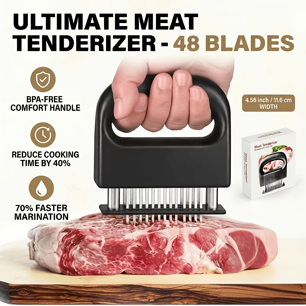 Heavy-duty meat tenderizer with 48 stainless steel needles and a locking mechanism – suitable for tenderizing steaks, beef, pork, turkey, fish, and poultry. Can be used with marinades. The black ABS handle is designed for professional kitchens.
