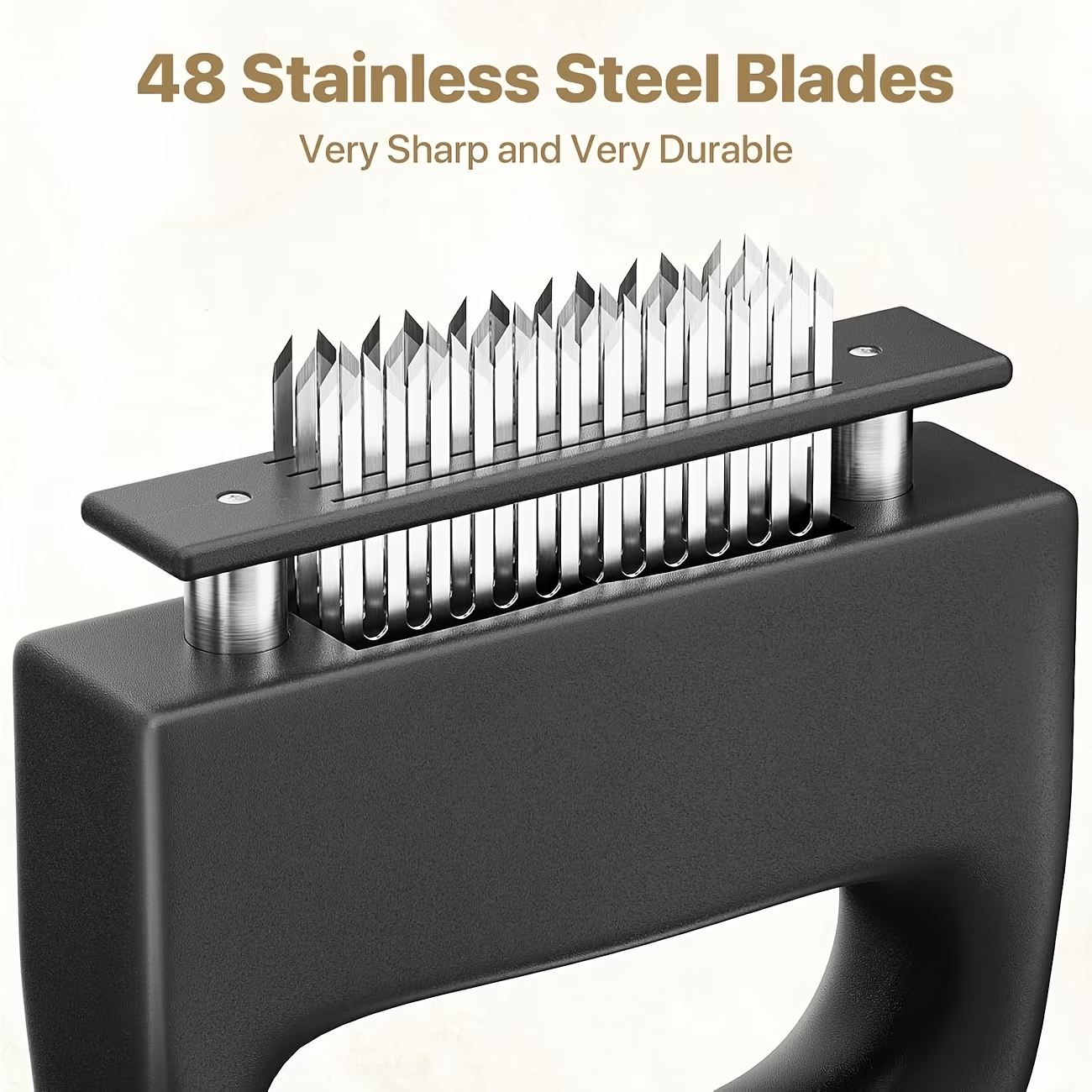 Heavy-duty meat tenderizer with 48 stainless steel needles and a locking mechanism – suitable for tenderizing steaks, beef, pork, turkey, fish, and poultry. Can be used with marinades. The black ABS handle is designed for professional kitchens.