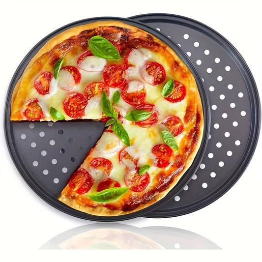 Two pizza baking pans, each 30.48 cm in diameter, feature ventilation holes for improved cooking efficiency and a non-stick coating, making them ideal for oven use.