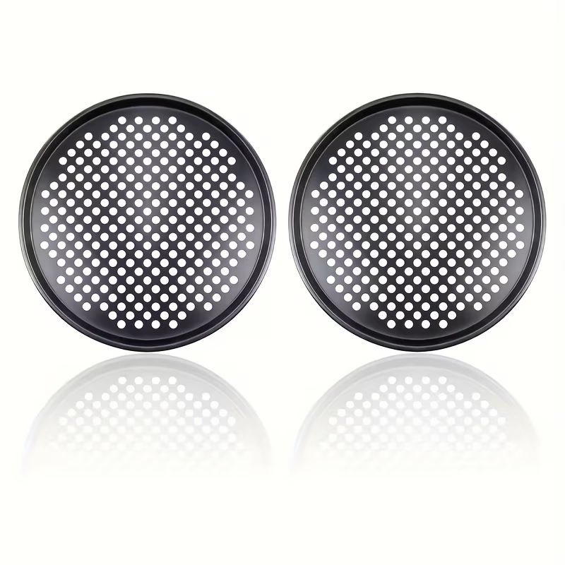 Two pizza baking pans, each 30.48 cm in diameter, feature ventilation holes for improved cooking efficiency and a non-stick coating, making them ideal for oven use.
