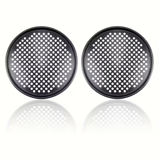 Two pizza baking pans, each 30.48 cm in diameter, feature ventilation holes for improved cooking efficiency and a non-stick coating, making them ideal for oven use.