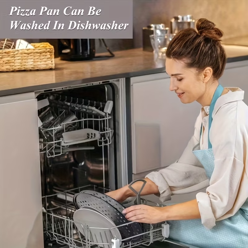 Two pizza baking pans, each 30.48 cm in diameter, feature ventilation holes for improved cooking efficiency and a non-stick coating, making them ideal for oven use.