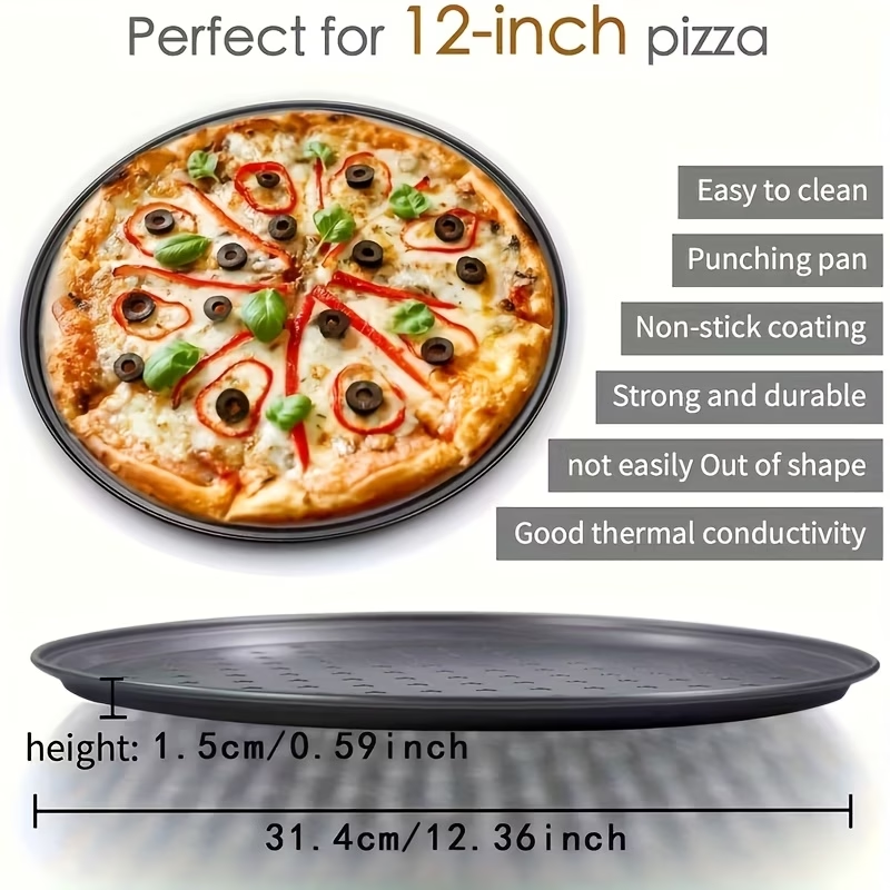 Two pizza baking pans, each 30.48 cm in diameter, feature ventilation holes for improved cooking efficiency and a non-stick coating, making them ideal for oven use.