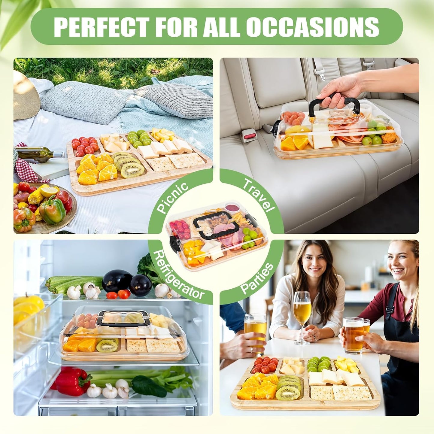 CARLA HOME Bamboo Charcuterie Board with Lid & Handle ideal Gift for Kitchen, Party & Picnic (6 Compartments)