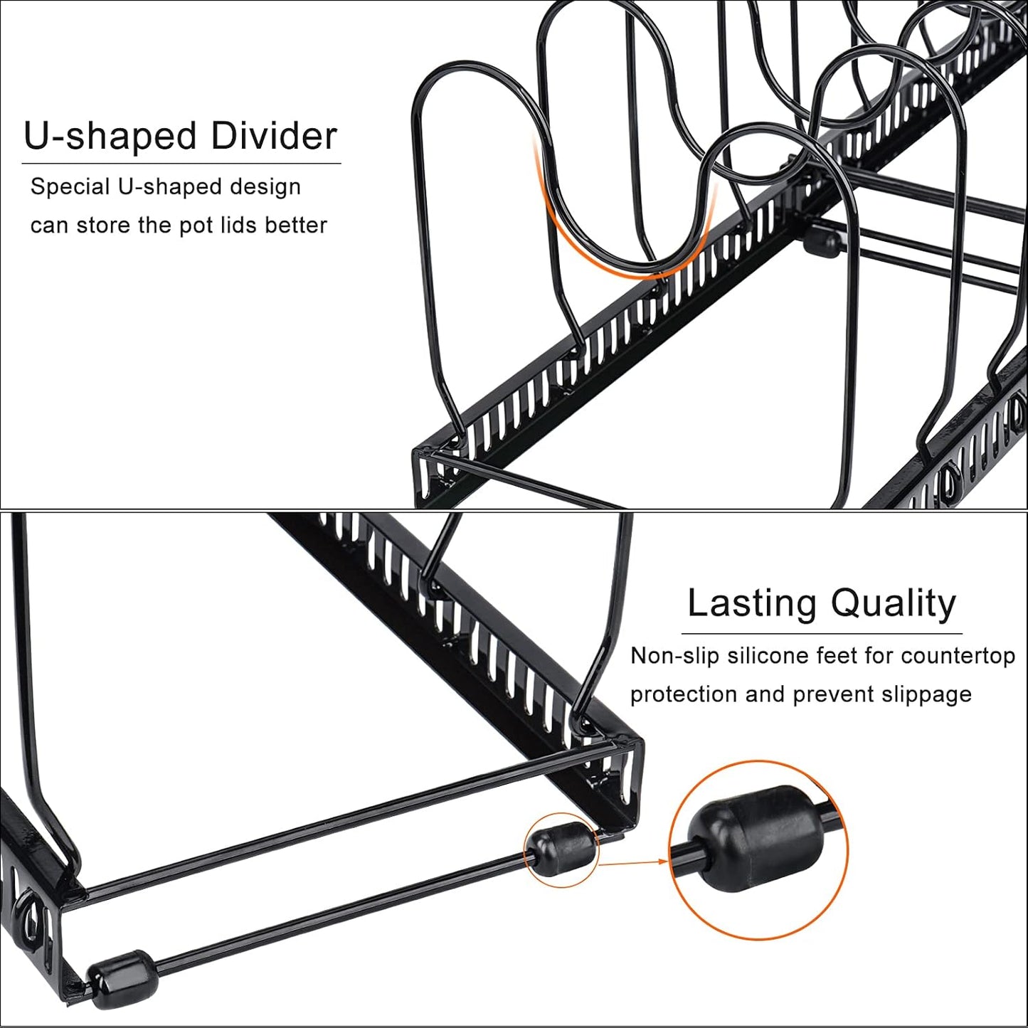 CARLA HOME Expandable Pot and Pan Organizer Rack for Cabinet with 10 Adjustable Dividers, Lid & Cookware Holder for Kitchen Pantry or Countertop Storage