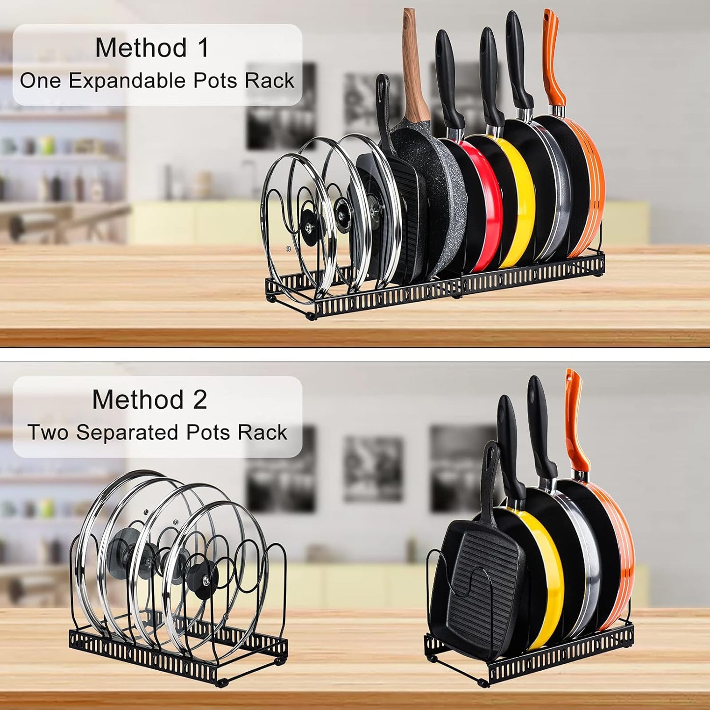 CARLA HOME Expandable Pot and Pan Organizer Rack for Cabinet with 10 Adjustable Dividers, Lid & Cookware Holder for Kitchen Pantry or Countertop Storage