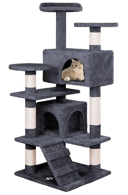 CARLA HOME 134cm Cat Tree Tower for Indoor Cats with Plush Perches, Dual Condos, Natural Sisal Scratching Posts & Ramp for Kittens & Adult Cats (Dark Grey)