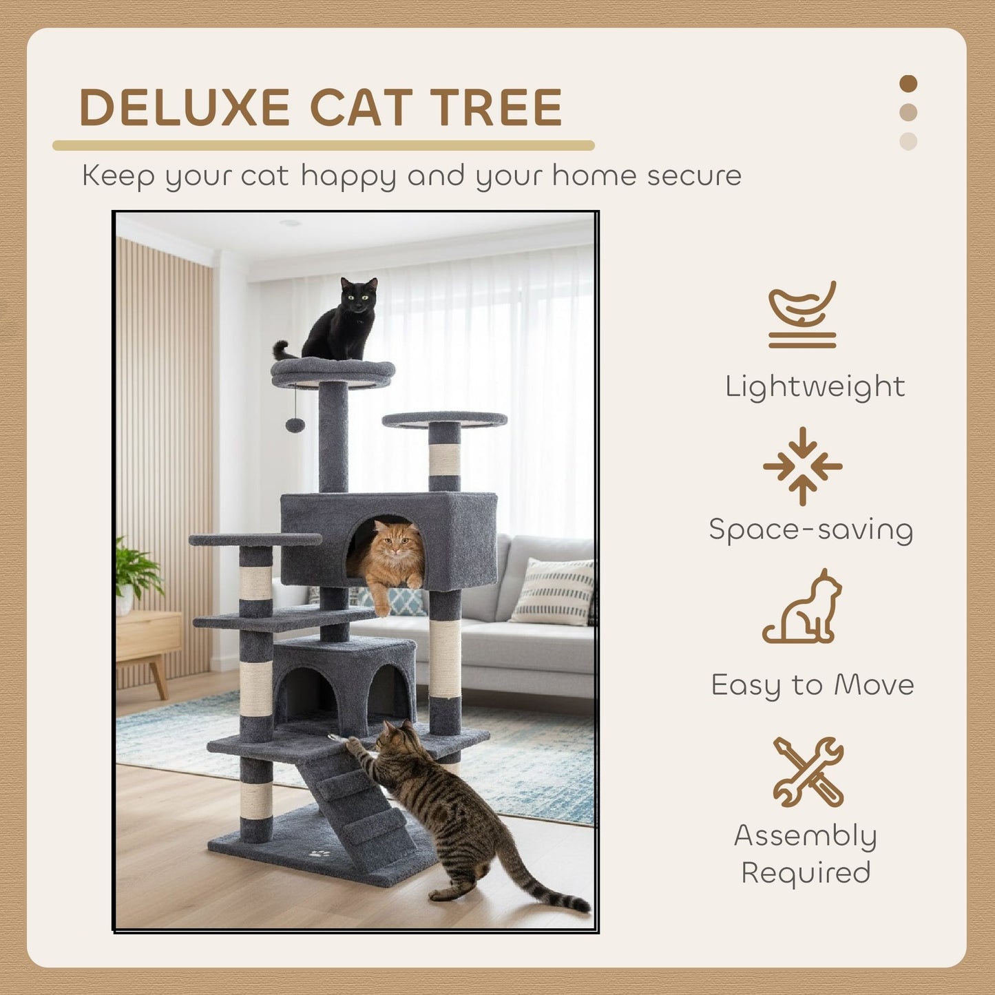 CARLA HOME 134cm Cat Tree Tower for Indoor Cats with Plush Perches, Dual Condos, Natural Sisal Scratching Posts & Ramp for Kittens & Adult Cats (Dark Grey)