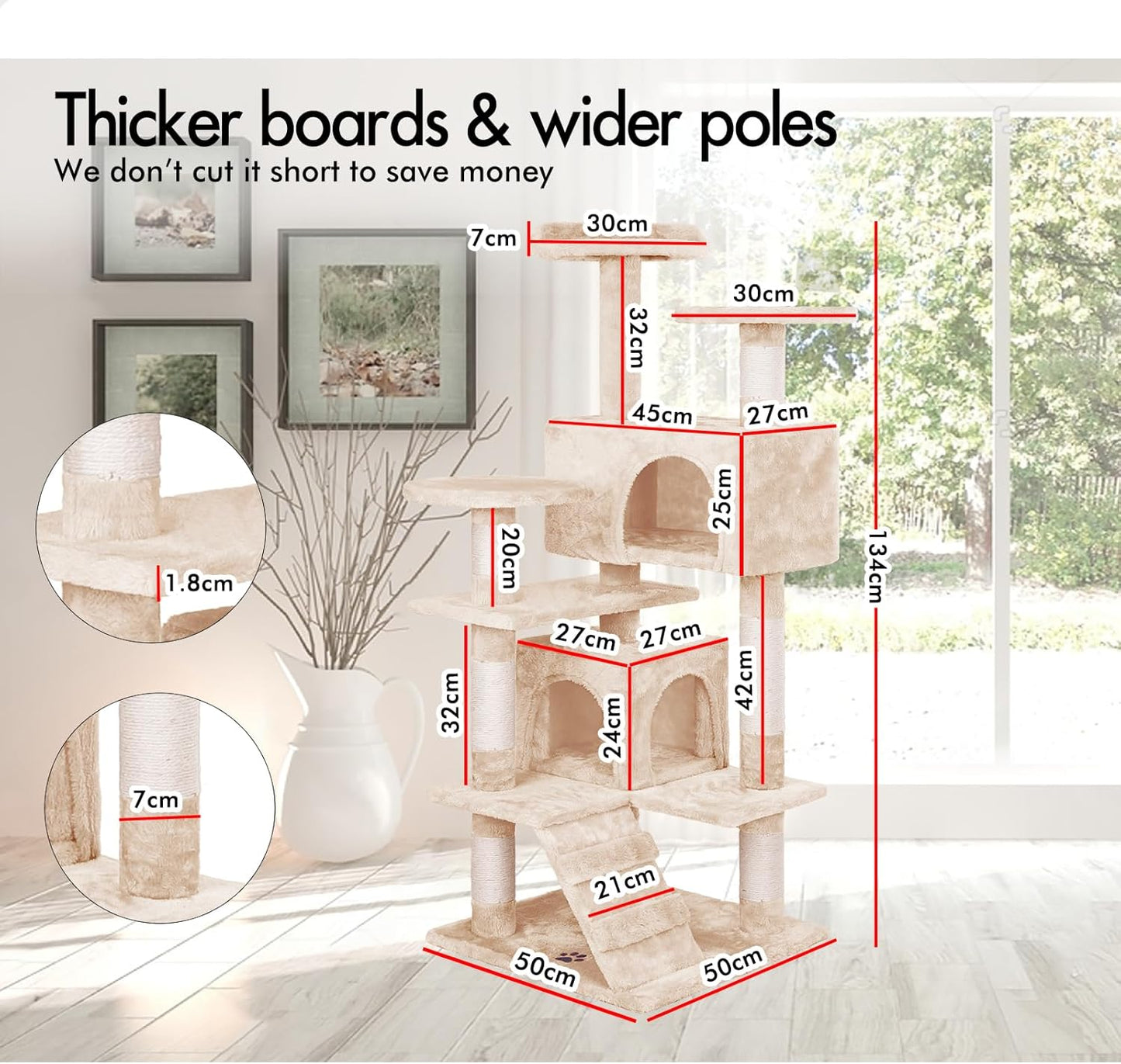 CARLA HOME 134cm Cat Tree Tower for Indoor Cats with Plush Perches, Dual Condos, Natural Sisal Scratching Posts & Ramp for Kittens & Adult Cats (Beige)