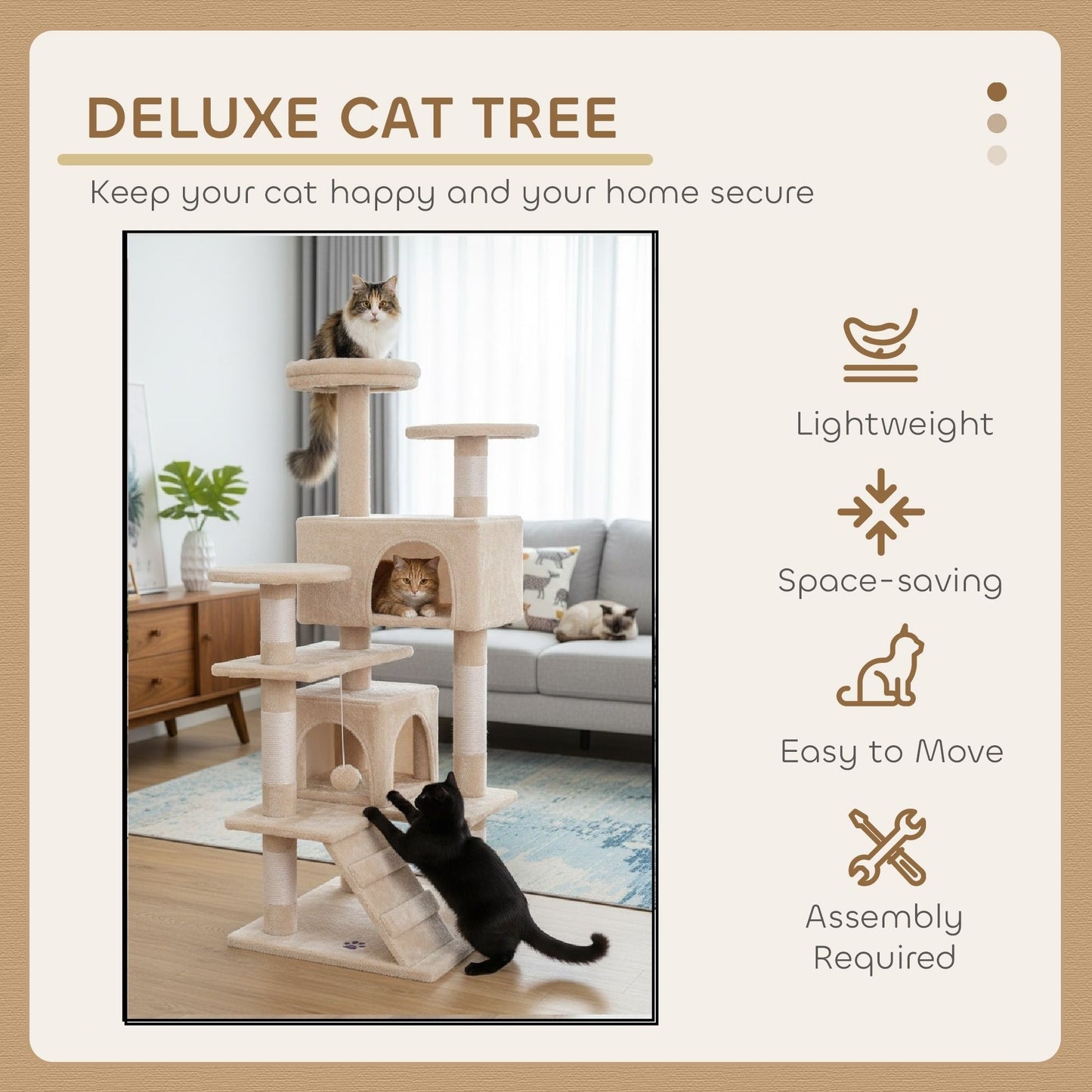 CARLA HOME 134cm Cat Tree Tower for Indoor Cats with Plush Perches, Dual Condos, Natural Sisal Scratching Posts & Ramp for Kittens & Adult Cats (Beige)