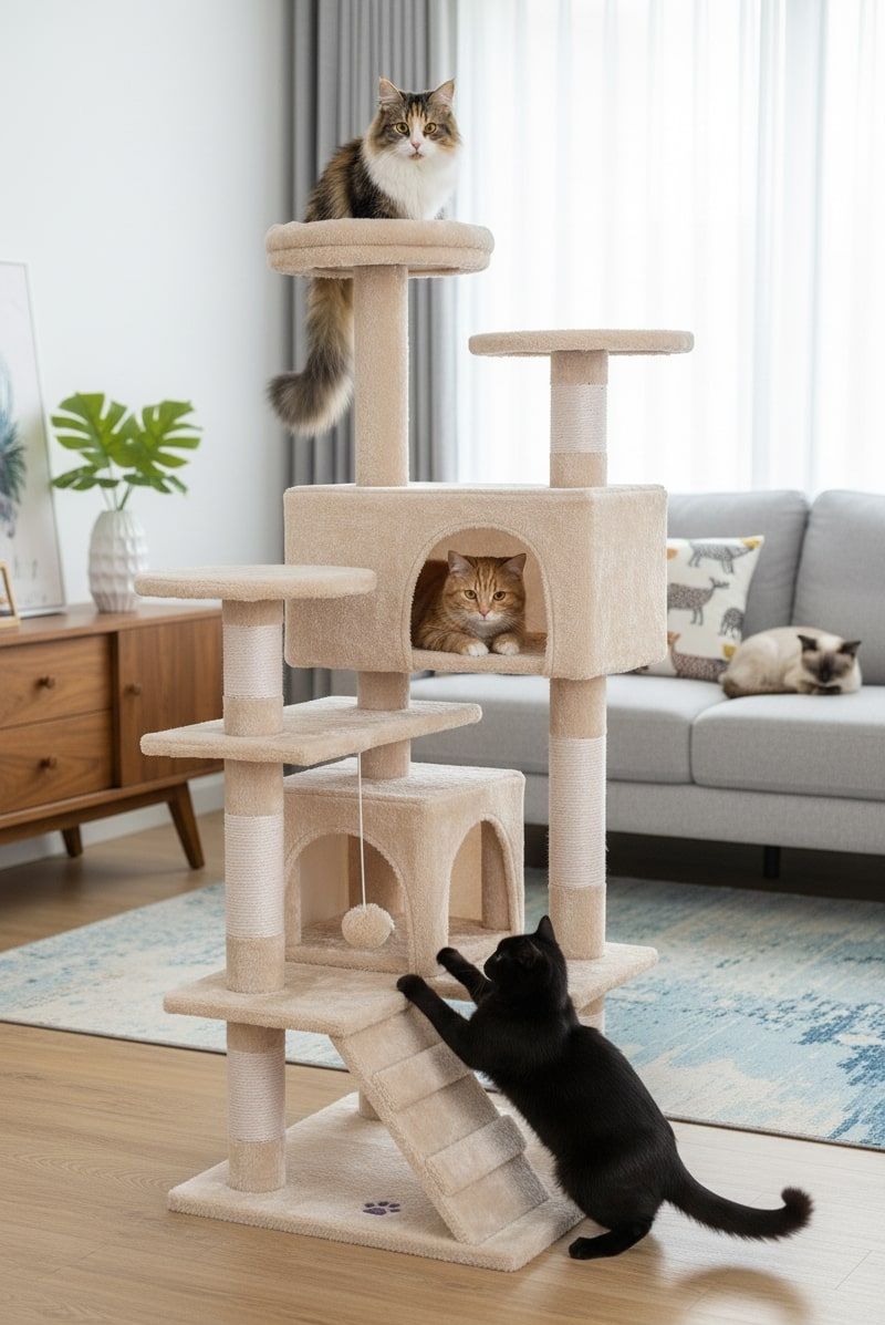 CARLA HOME 134cm Cat Tree Tower for Indoor Cats with Plush Perches, Dual Condos, Natural Sisal Scratching Posts & Ramp for Kittens & Adult Cats (Beige)