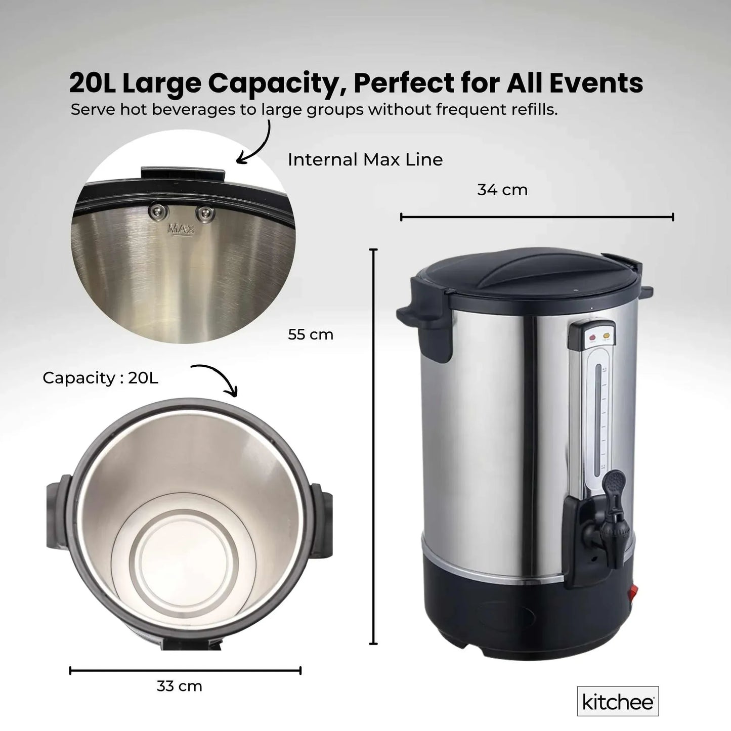 Kitchee 20L Electric Water Boiler - Stainless Steel Commercial Hot Liquid Urn