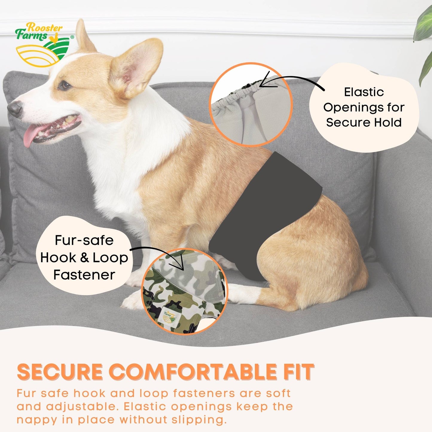 Rooster Farms Male Dog Diapers Medium 3Pk - Washable Reusable Nappies Hook/Loop