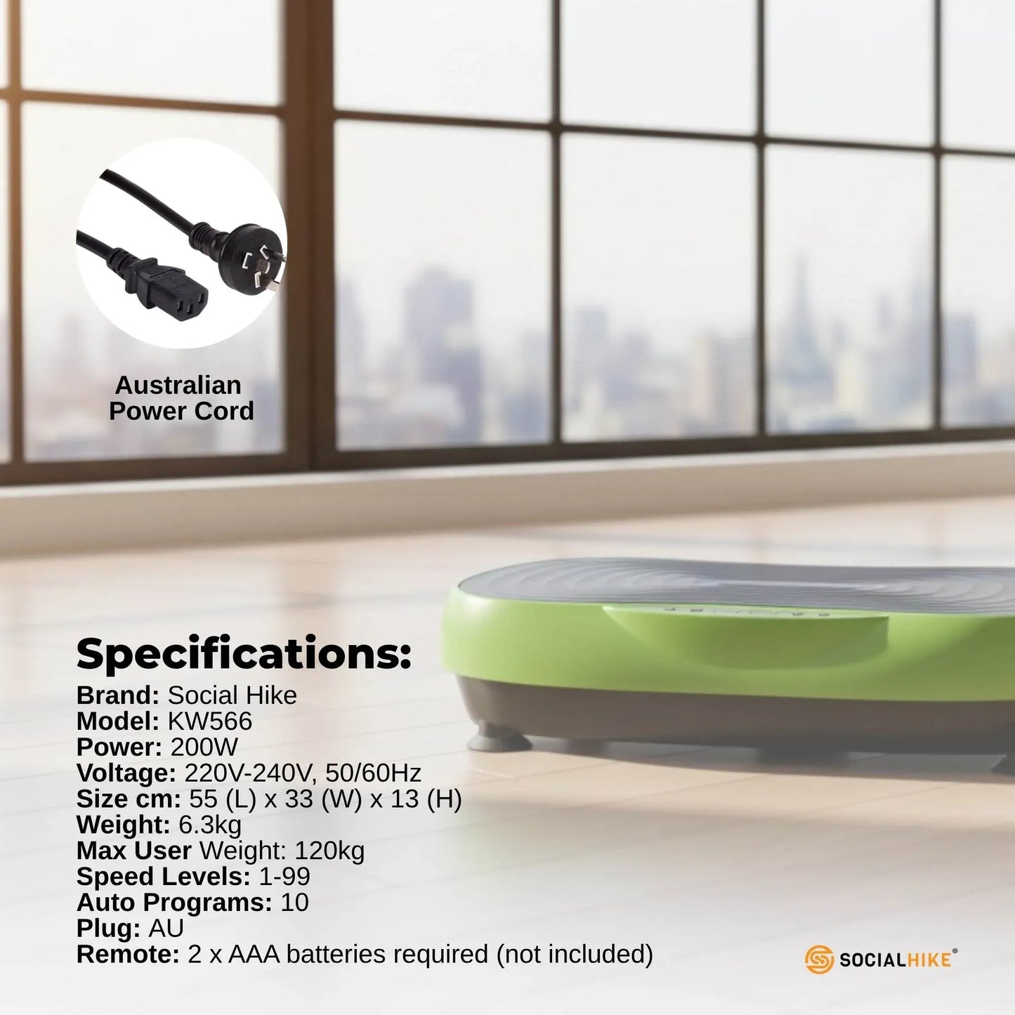 Social Hike 55cm Vibration Plate Machine Full Body Exercise Platform 200W Green