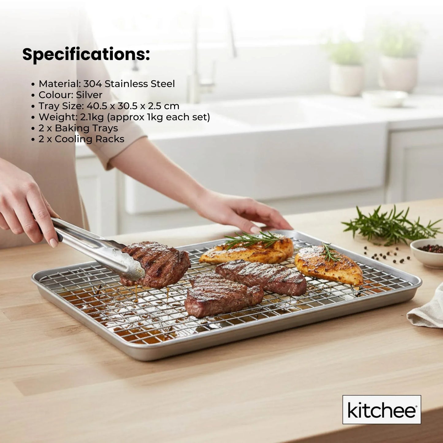 Kitchee 40.5x30.5cm Oven Baking Tray + Cooling Rack 4 Piece Stainless Steel Set