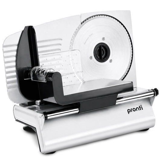 Pronti White Electric Food Slicer 200W with Adjustable Thickness 1 to 15mm Serrated and Fine Edge Stainless Steel Blades