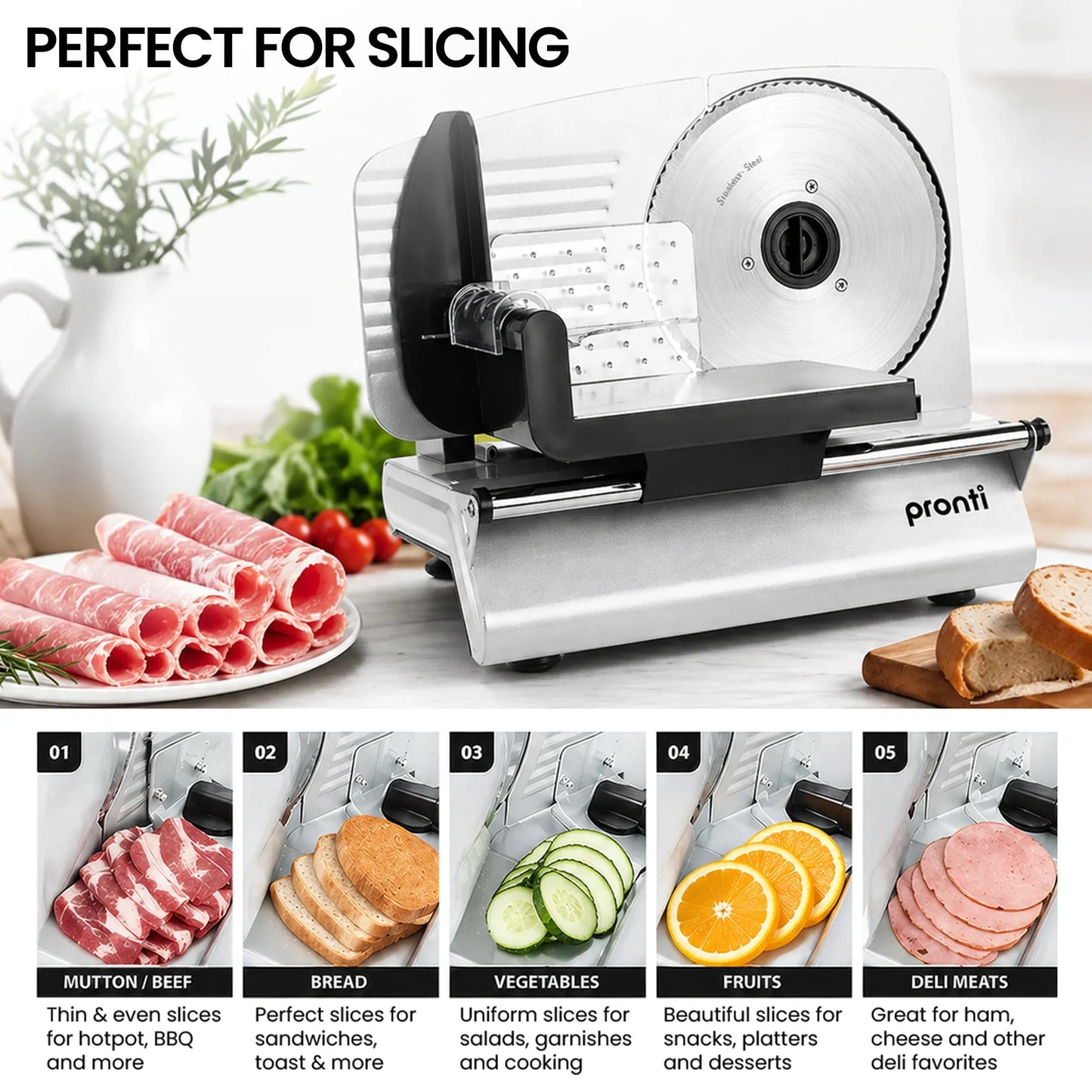 Pronti White Electric Food Slicer 200W with Adjustable Thickness 1 to 15mm Serrated and Fine Edge Stainless Steel Blades