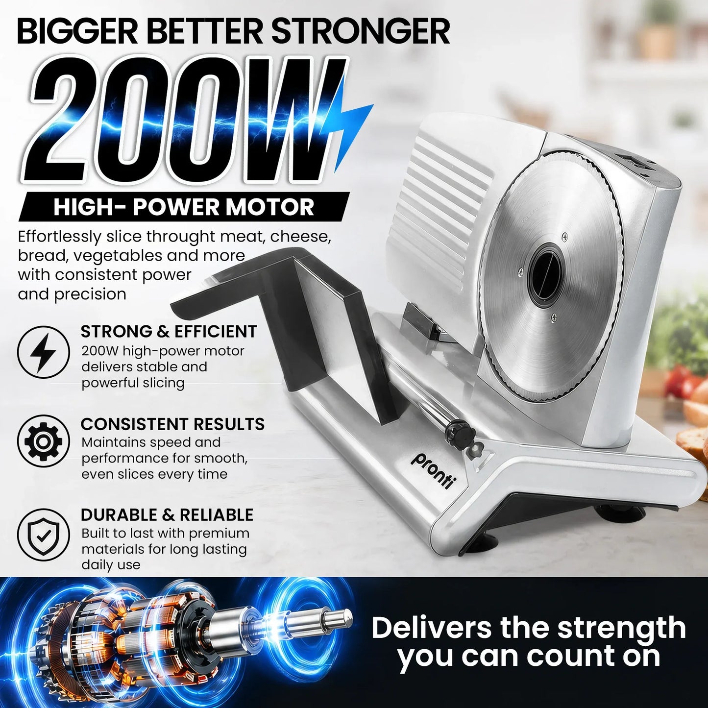 Pronti White Electric Food Slicer 200W with Adjustable Thickness 1 to 15mm Serrated and Fine Edge Stainless Steel Blades