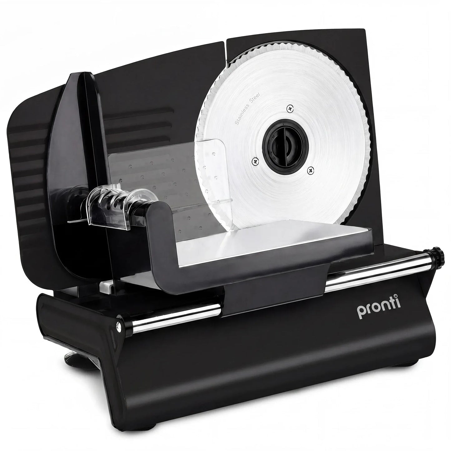 Pronti Black Electric Food Slicer 200W with Adjustable Thickness 1 to 15mm Serrated and Fine Edge Stainless Steel Blades