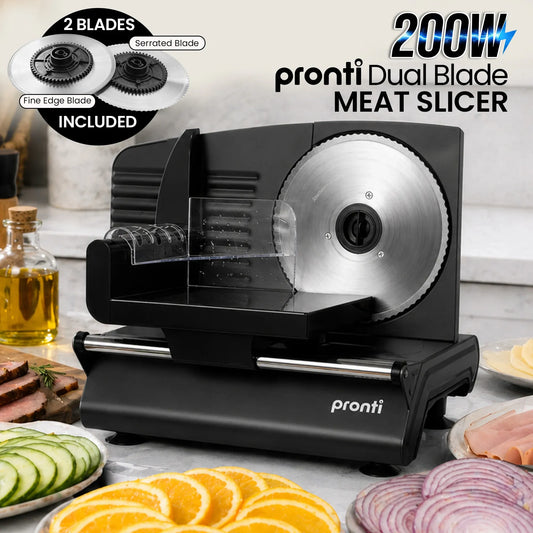 Pronti Black Electric Food Slicer 200W with Adjustable Thickness 1 to 15mm Serrated and Fine Edge Stainless Steel Blades