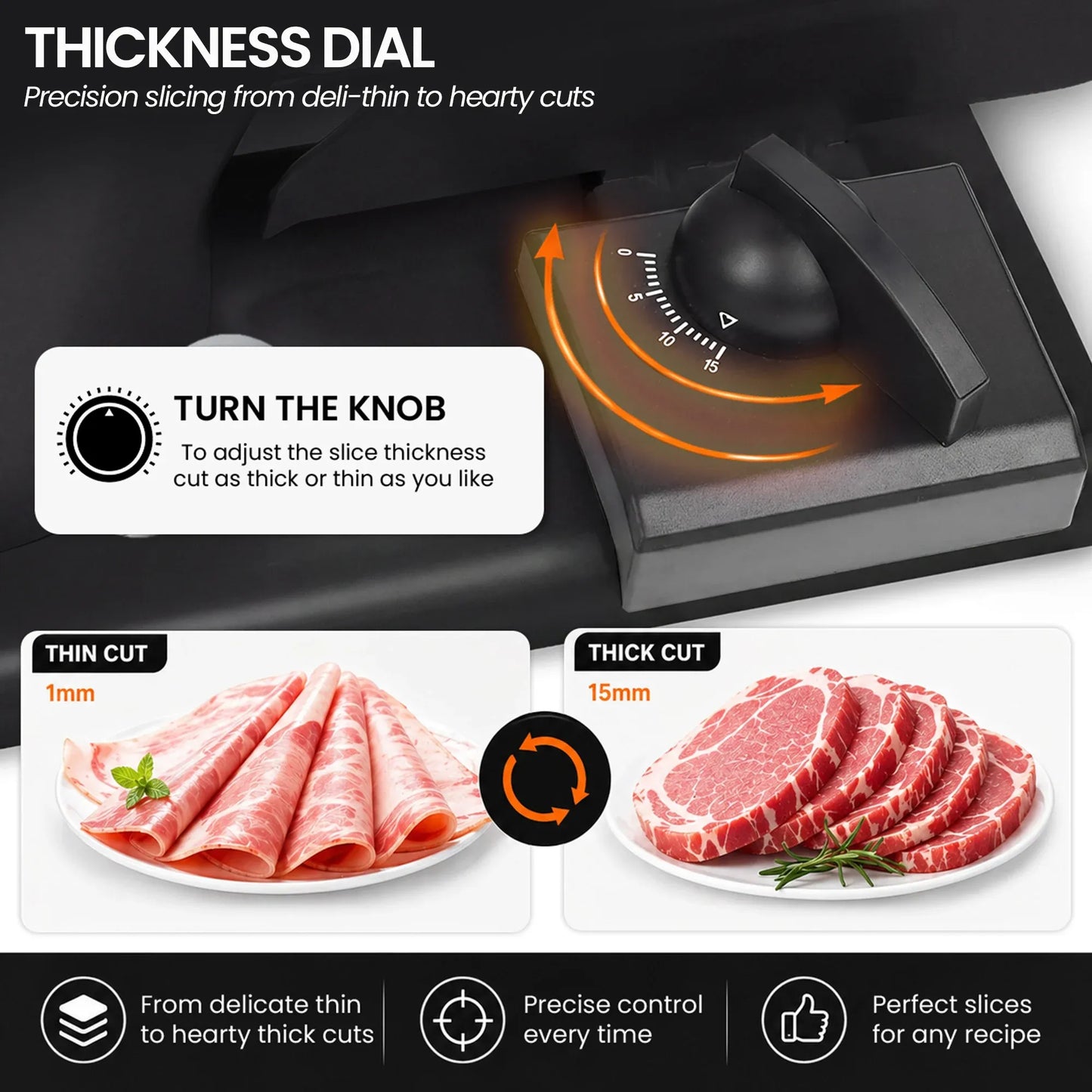 Pronti Black Electric Food Slicer 200W with Adjustable Thickness 1 to 15mm Serrated and Fine Edge Stainless Steel Blades