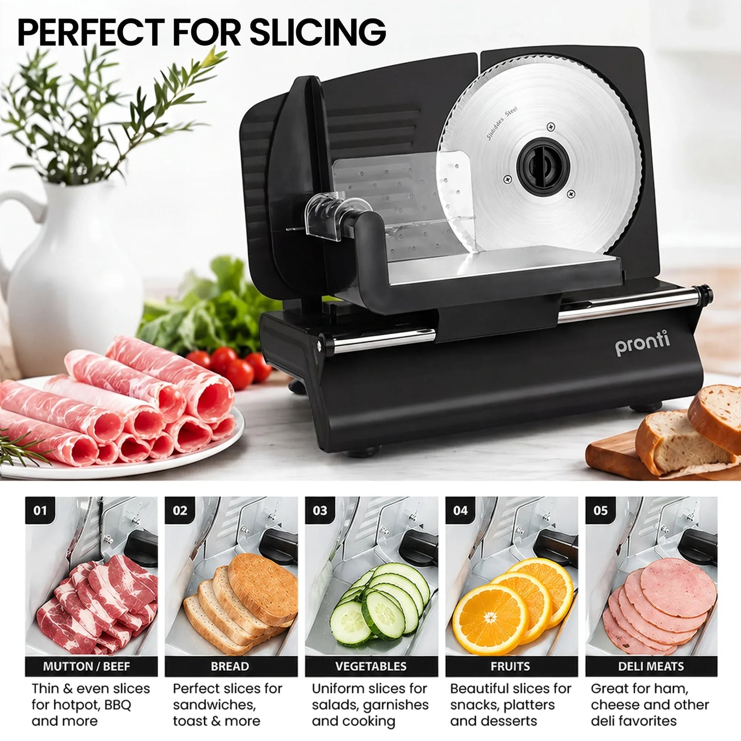 Pronti Black Electric Food Slicer 200W with Adjustable Thickness 1 to 15mm Serrated and Fine Edge Stainless Steel Blades