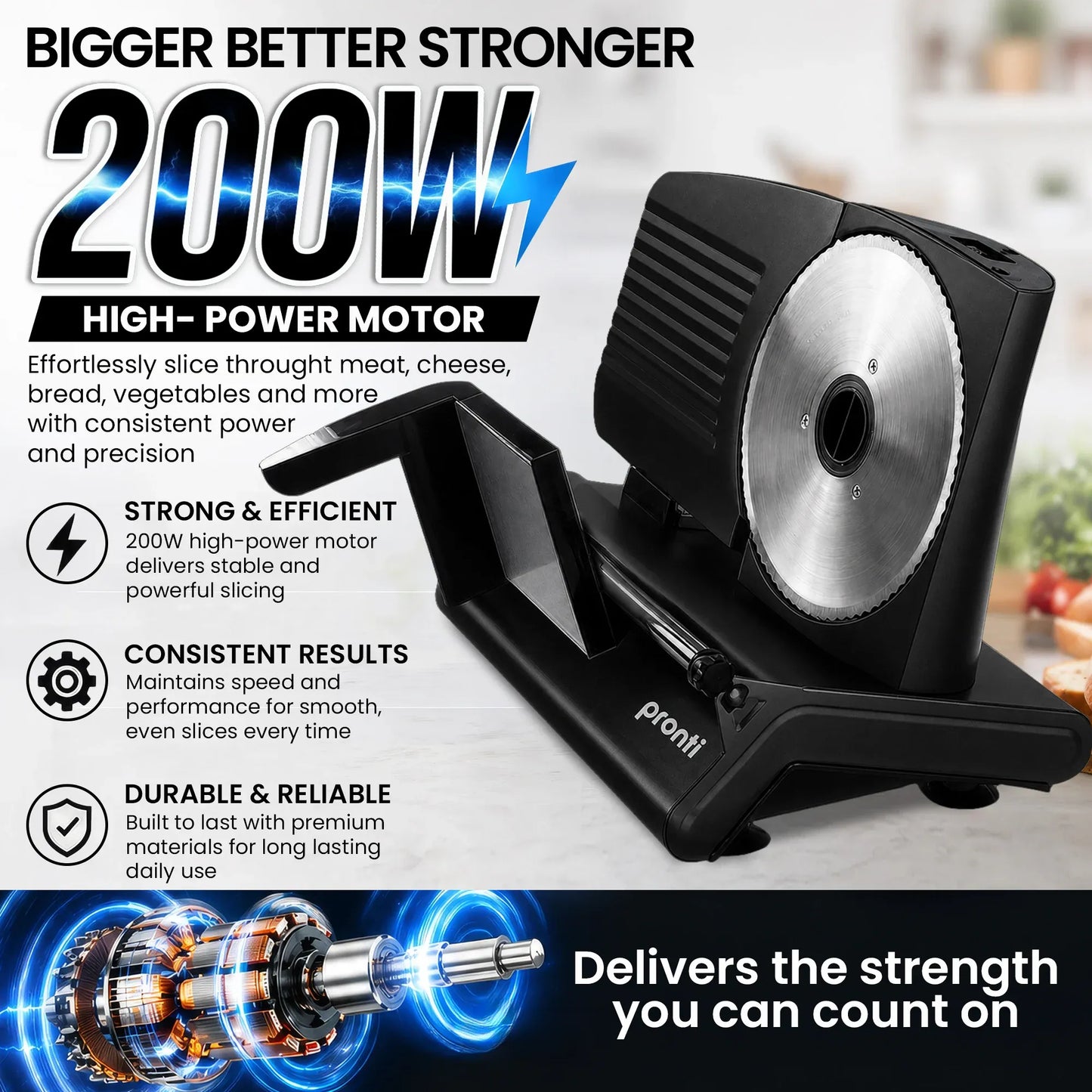 Pronti Black Electric Food Slicer 200W with Adjustable Thickness 1 to 15mm Serrated and Fine Edge Stainless Steel Blades
