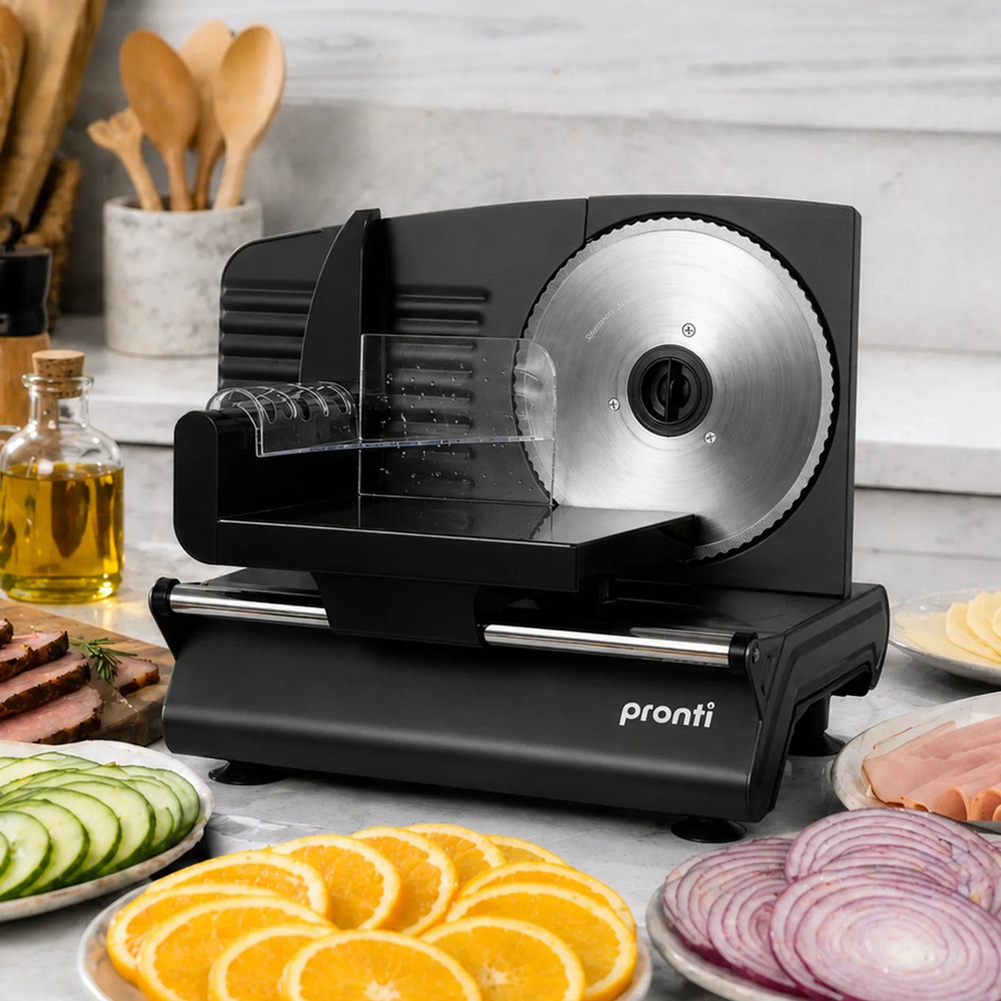 Pronti Black Electric Food Slicer 200W with Adjustable Thickness 1 to 15mm Serrated and Fine Edge Stainless Steel Blades