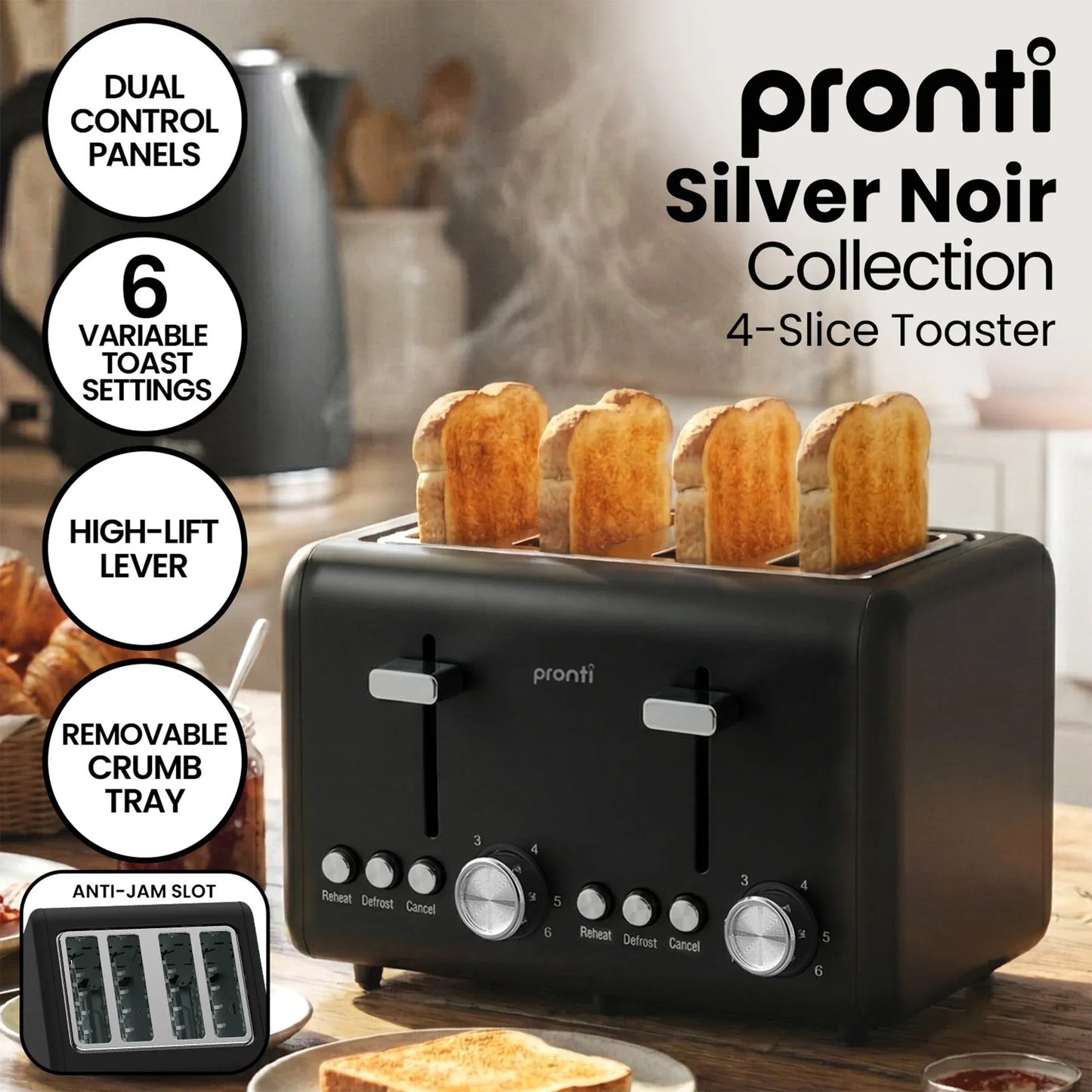 Pronti Silver Noir Collection 4 Slice Toaster and Kettle Bundle