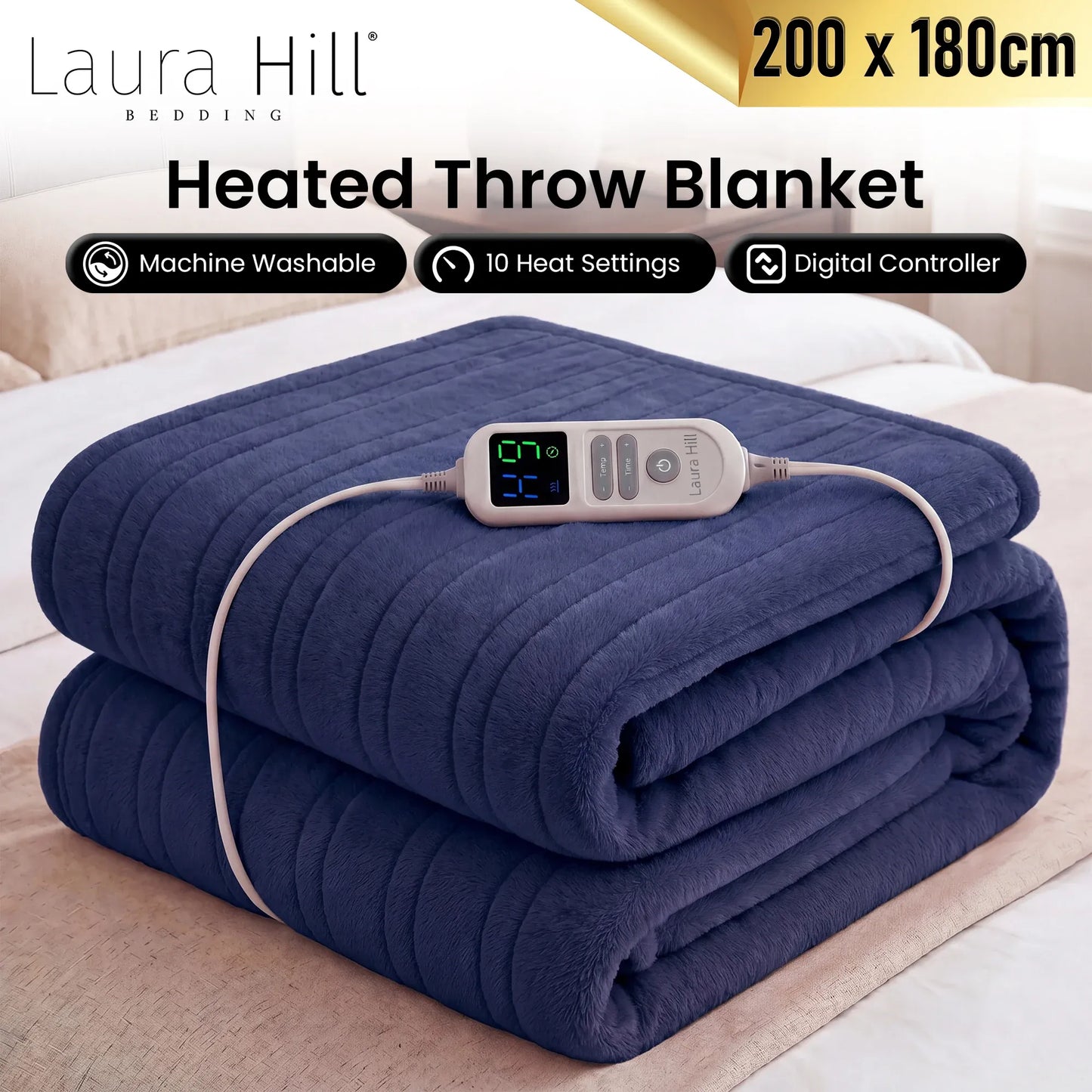 Laura Hill XL Electric Heated Blanket Throw Soft Coral Fleece with 10 Heat Settings - Blue