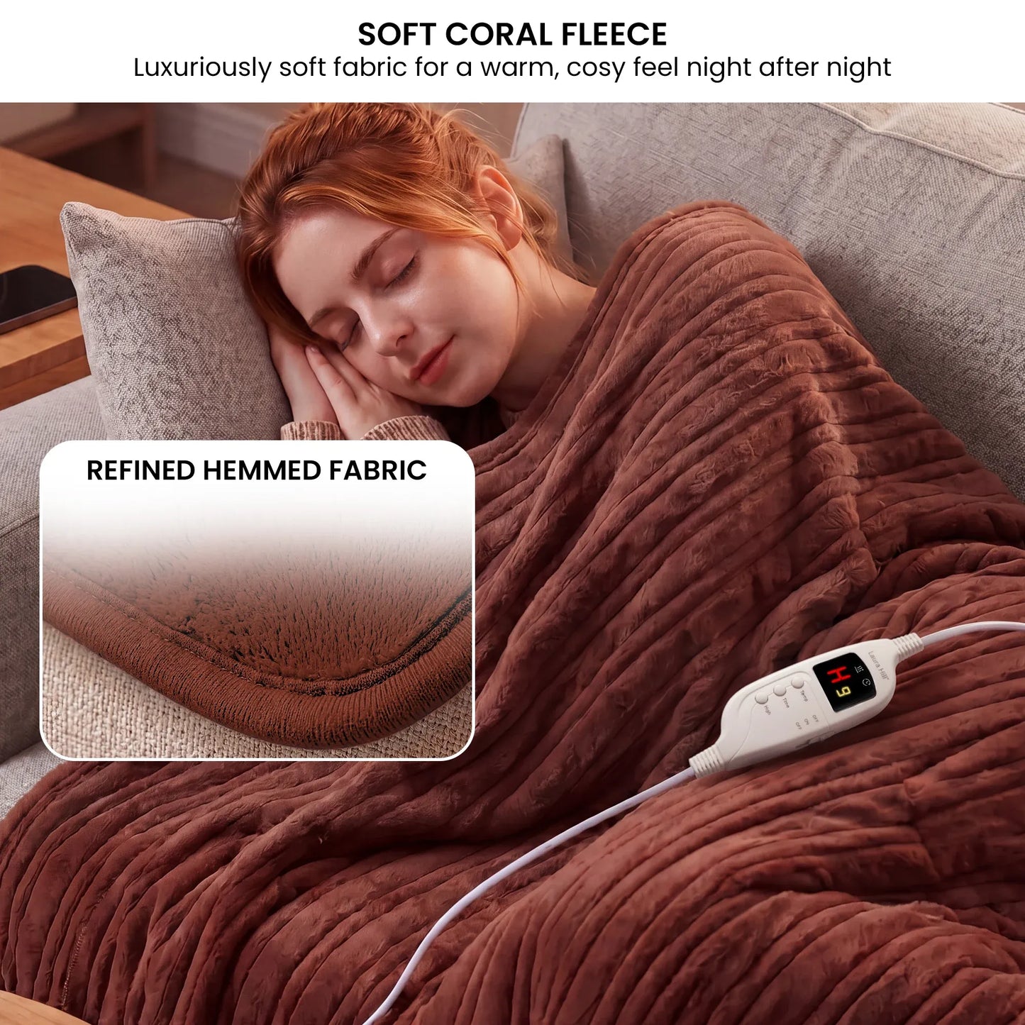 Laura Hill Electric Heated Blanket Throw Soft Coral Fleece w/ 9 Heat Settings - Brown