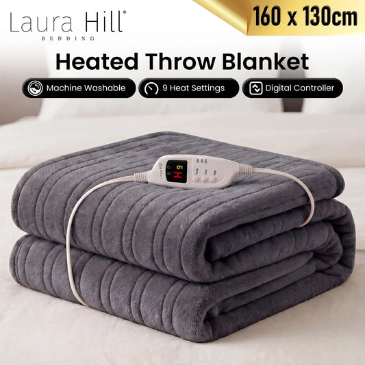 Laura Hill Electric Heated Blanket Throw Soft Coral Fleece w/ 9 Heat Settings - Grey