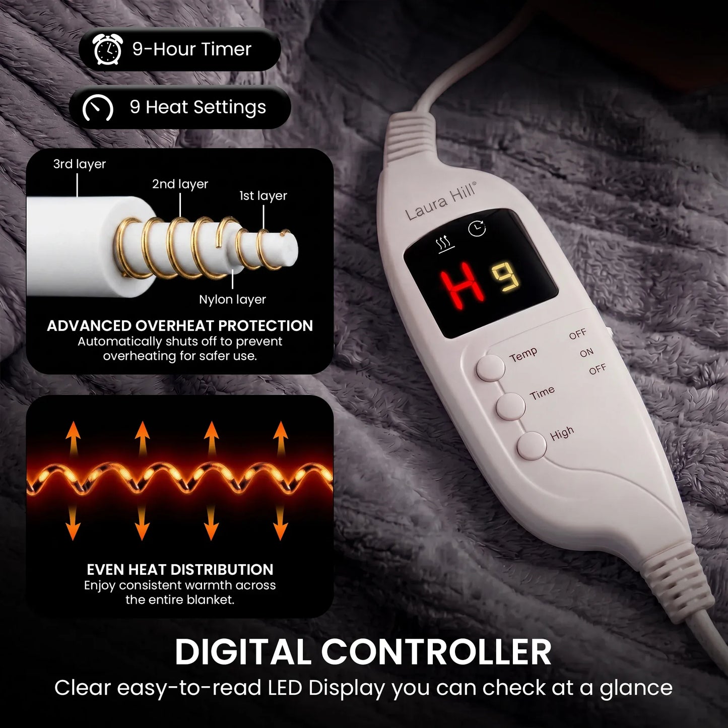Laura Hill Electric Heated Blanket Throw Soft Coral Fleece w/ 9 Heat Settings - Grey