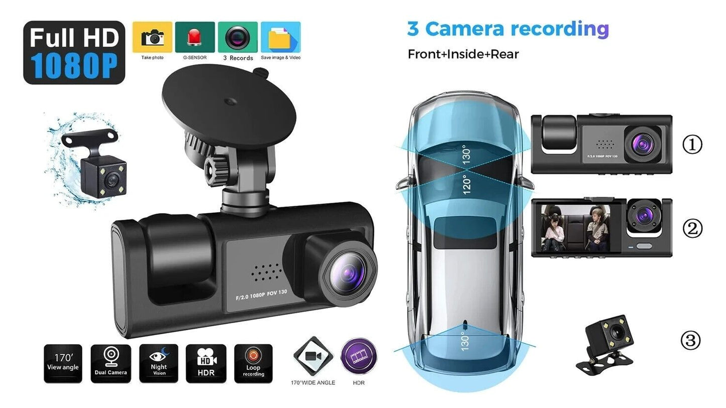 BDI C309 3-Camera 1080P Front & 720P Inside 2 Inch Screen + 480P Back Dash Cam