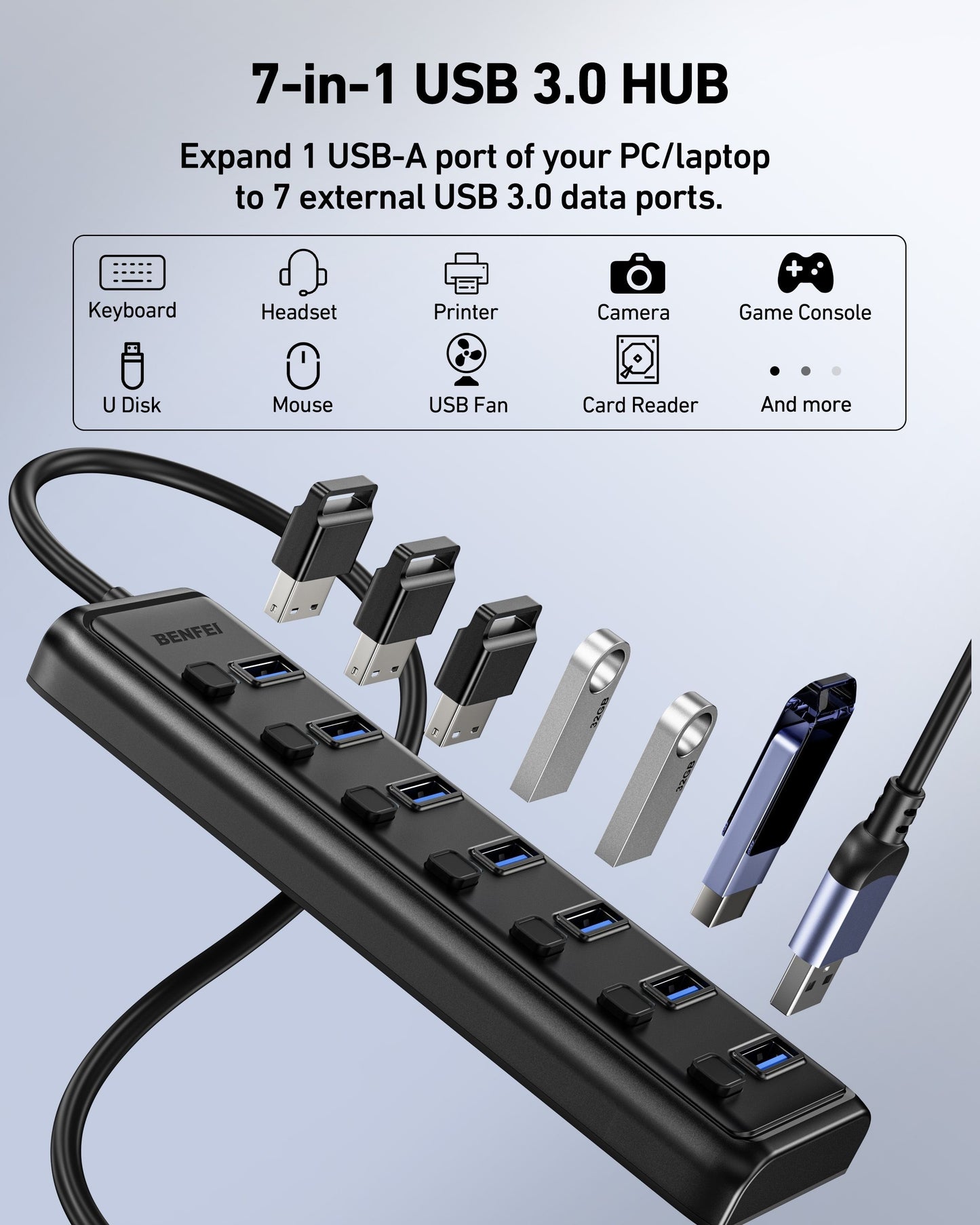 BENFEI 000425BK USB3.0 to 7 Port USB3.0 HUB (Black)