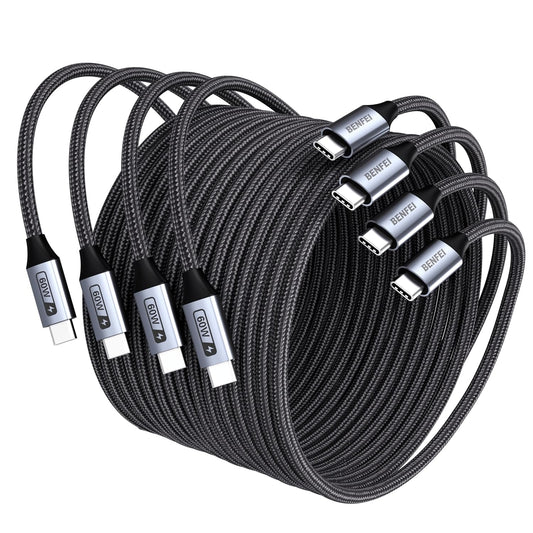 BENFEI 000382GY-4P USB C Fast Charging 60W Cable, 4-Pack(3.3ft/1M x 2 + /6.6ft/2M x 2) Nylon Braided Cable for I-phone 15/16/17 and Samsung / Google phone.