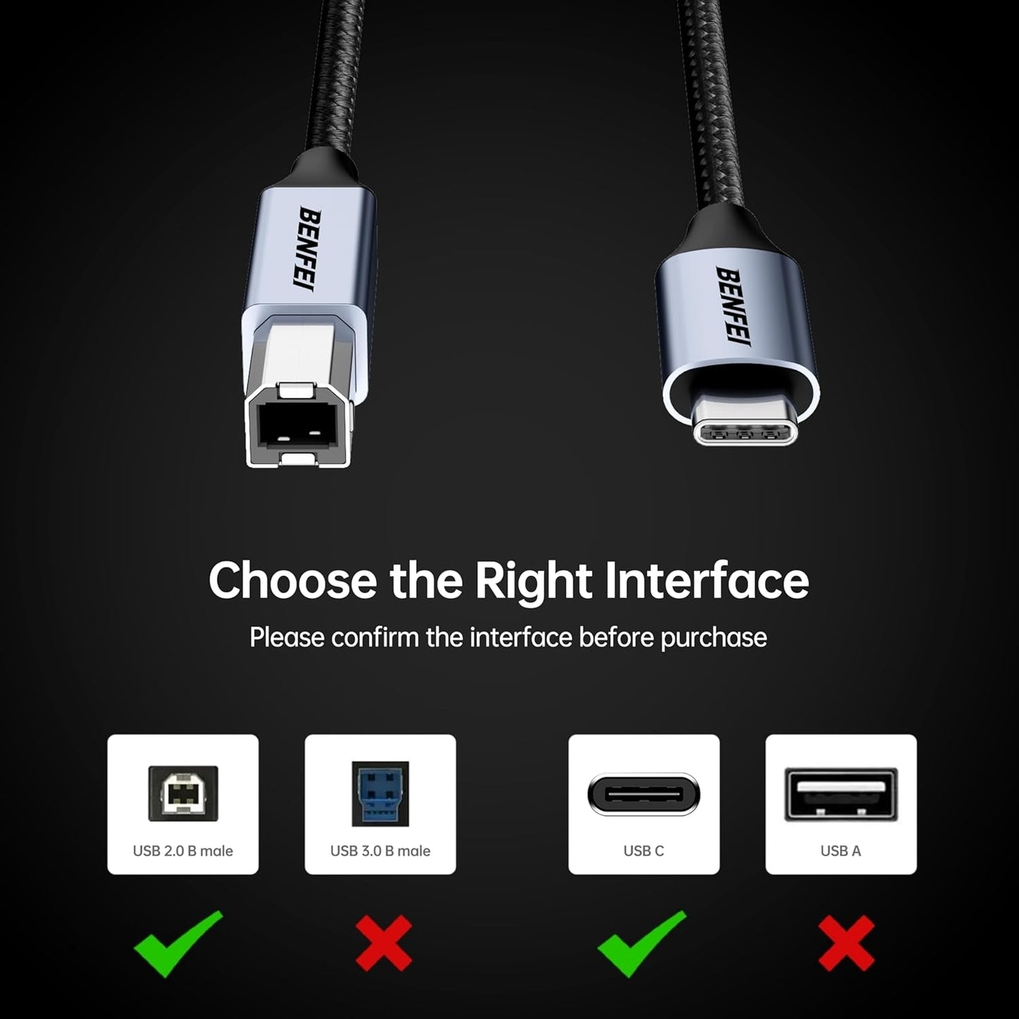 BENFEI 405GY-1M USB B to USB C Printer Cable, Nylon Braided, Premium Aluminium Alloy Case 1M