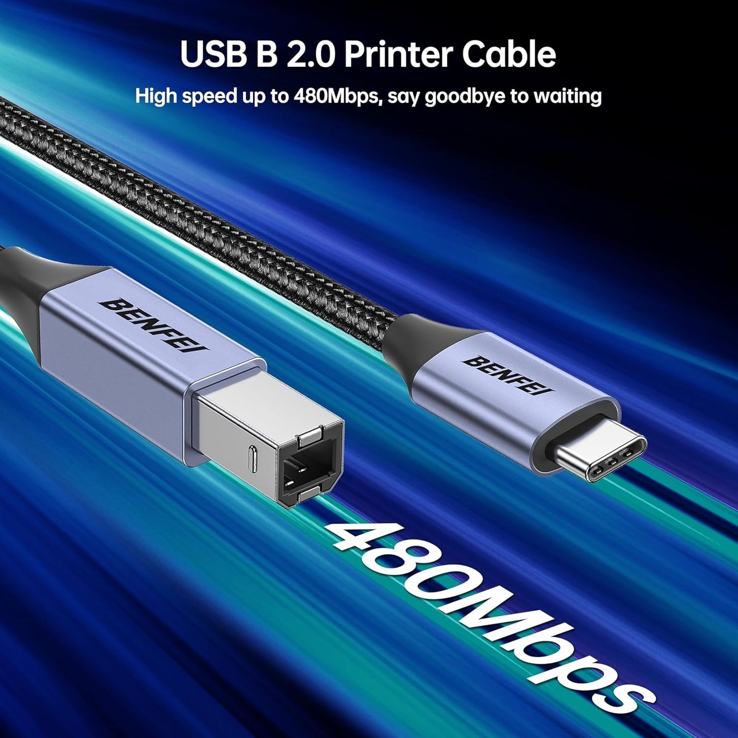 BENFEI 405GY-2M USB B to USB C Printer Cable, Nylon Braided, Premium Aluminium Alloy Case 2M