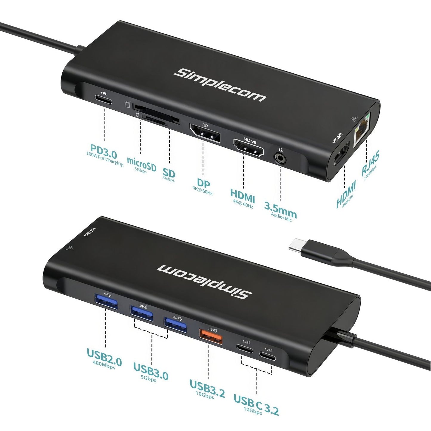 Simplecom CHT814 14-in-1 USB-C 4K Triple Display MST Docking Station with Dual HDMI DP