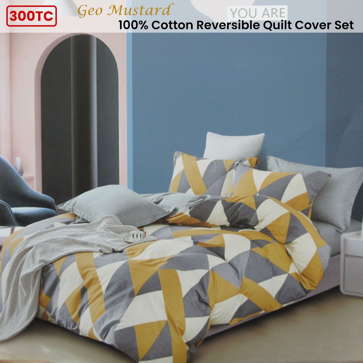 300TC Geo Mustard Reversible Cotton Geometric Quilt Cover Set Queen
