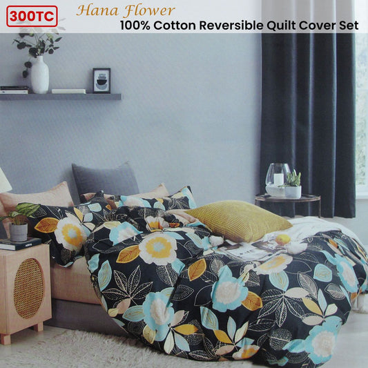300TC Hana Flower Multi Reversible Cotton Floral Quilt Cover Set Queen