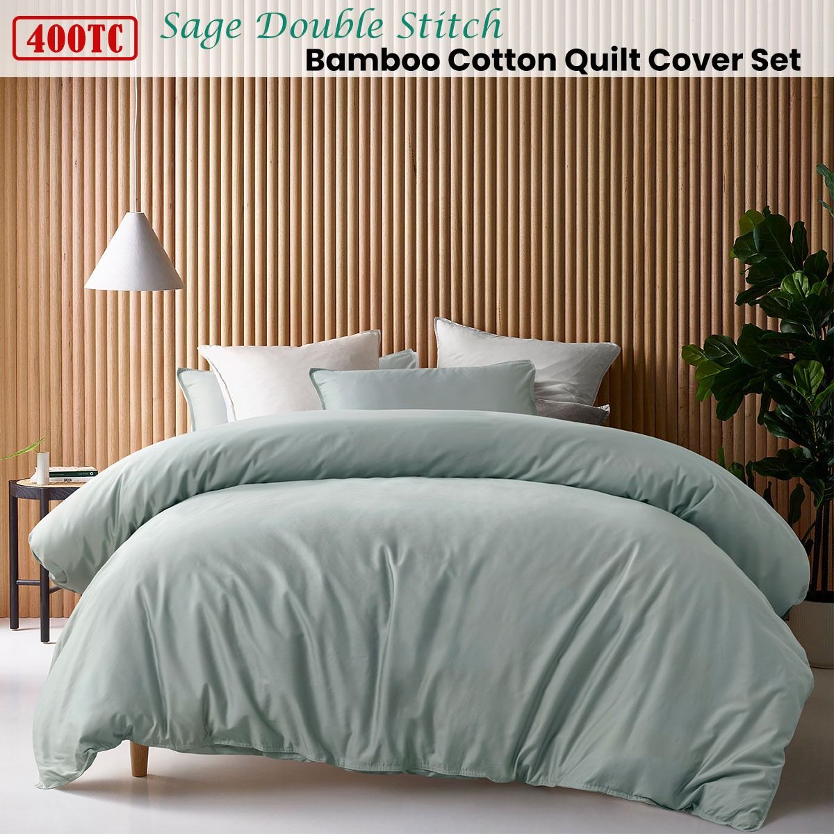Accessorize 400TC Sage Bamboo Cotton Double Stitch Quilt Cover Set Single
