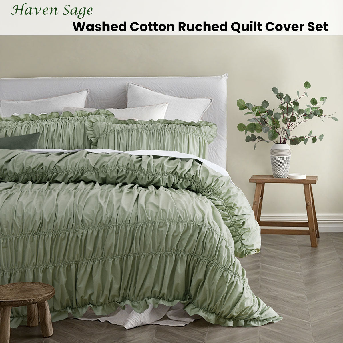 Vintage Design Homewares Haven Sage Washed Cotton Ruched Quilt Cover Set Single