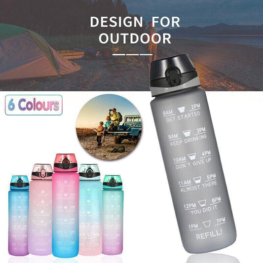 1L Water Bottle Motivational Drink Flask With Time Markings Bpa Free Sport Gym - Blue+Purple