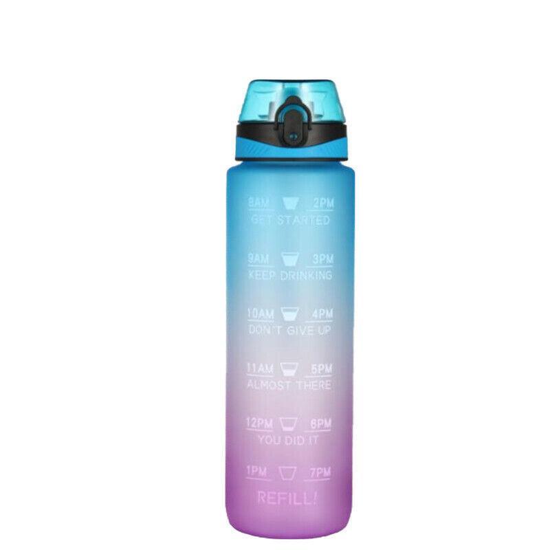 1L Water Bottle Motivational Drink Flask With Time Markings Bpa Free Sport Gym - Blue+Purple