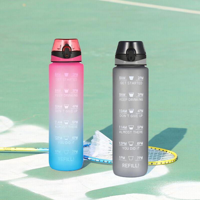 1L Water Bottle Motivational Drink Flask With Time Markings Bpa Free Sport Gym - Green+Purple