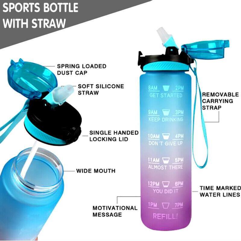 1L Water Bottle Motivational Drink Flask With Time Markings Bpa Free Sport Gym - Red+Blue