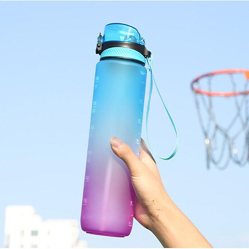 1L Water Bottle Motivational Drink Flask With Time Markings Bpa Free Sport Gym - Red+Blue