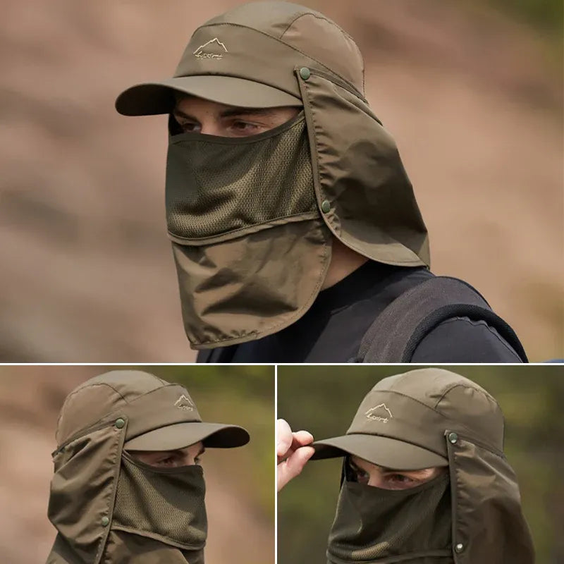 Unisex Face Neck Flap Hat Wide Brim Cap Hiking Fishing Sun Protection Outdoor - Army Green