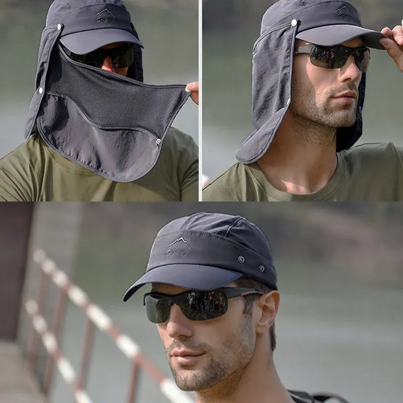 Unisex Face Neck Flap Hat Wide Brim Cap Hiking Fishing Sun Protection Outdoor - Army Green